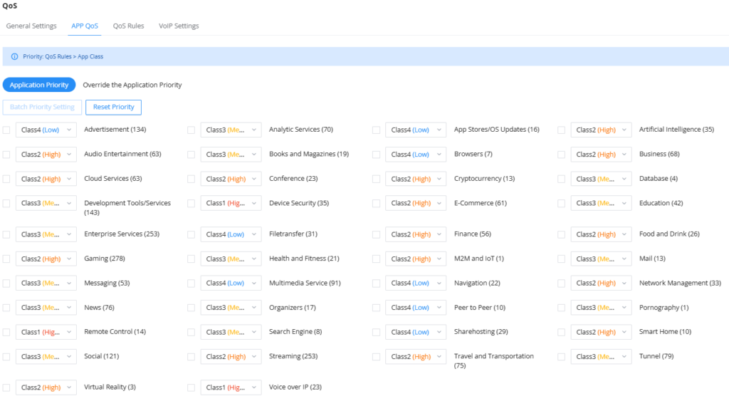 APP QoS - Documentation Center Screenshot of App QoS settings with multiple categories and priority dropdowns, plus a Reset button.