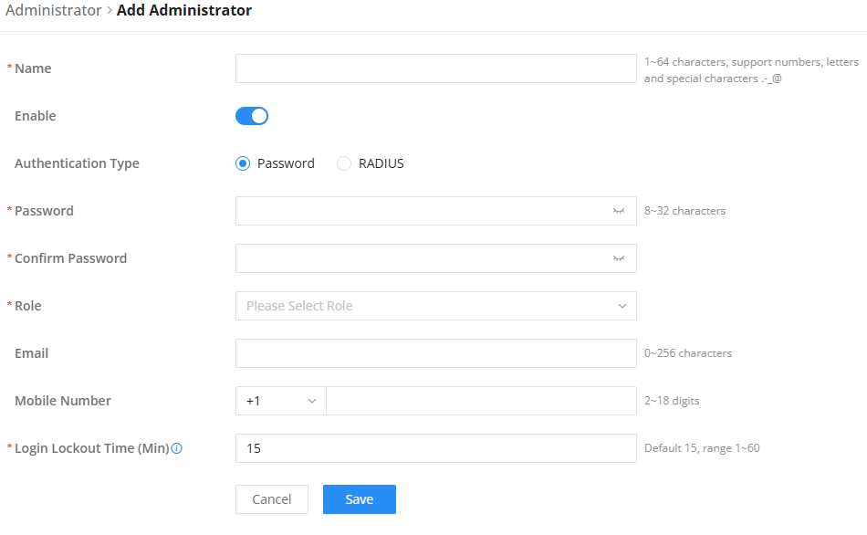 Add Administrator - Documentation Center Add Administrator form: fields for Name, Password, Confirm Password, Role, Email, Mobile Number; Enable is on; Save/Cancel at bottom; login lockout time set to 15 minutes.