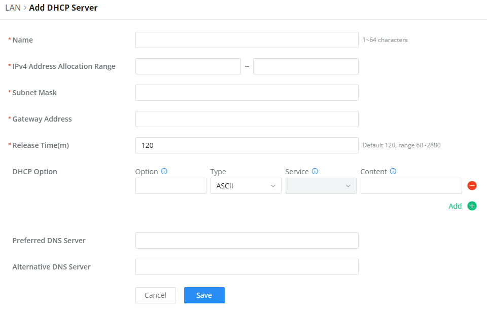 Add DHCP Server - Documentation Center Form to add a DHCP server with fields for name, IPv4 range, subnet, gateway, release time, and DHCP options.