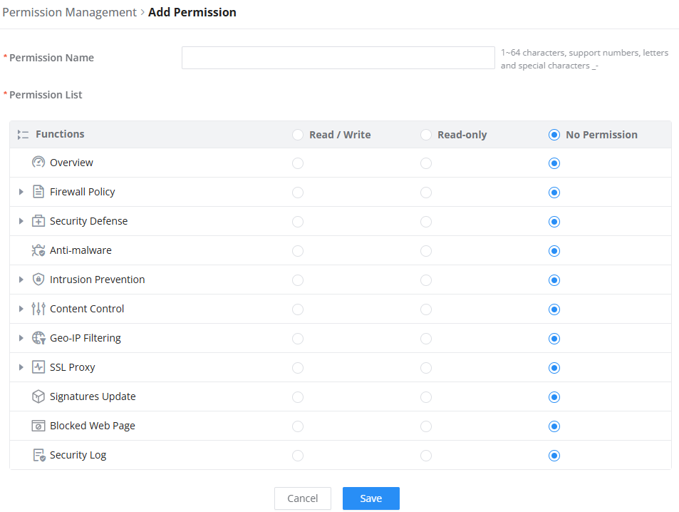 Add Permission Firewall - Documentation Center Add Permission dialog: list of functions with radio options (Read/Write, Read-only, No Permission); all set to No Permission, with Save button visible.