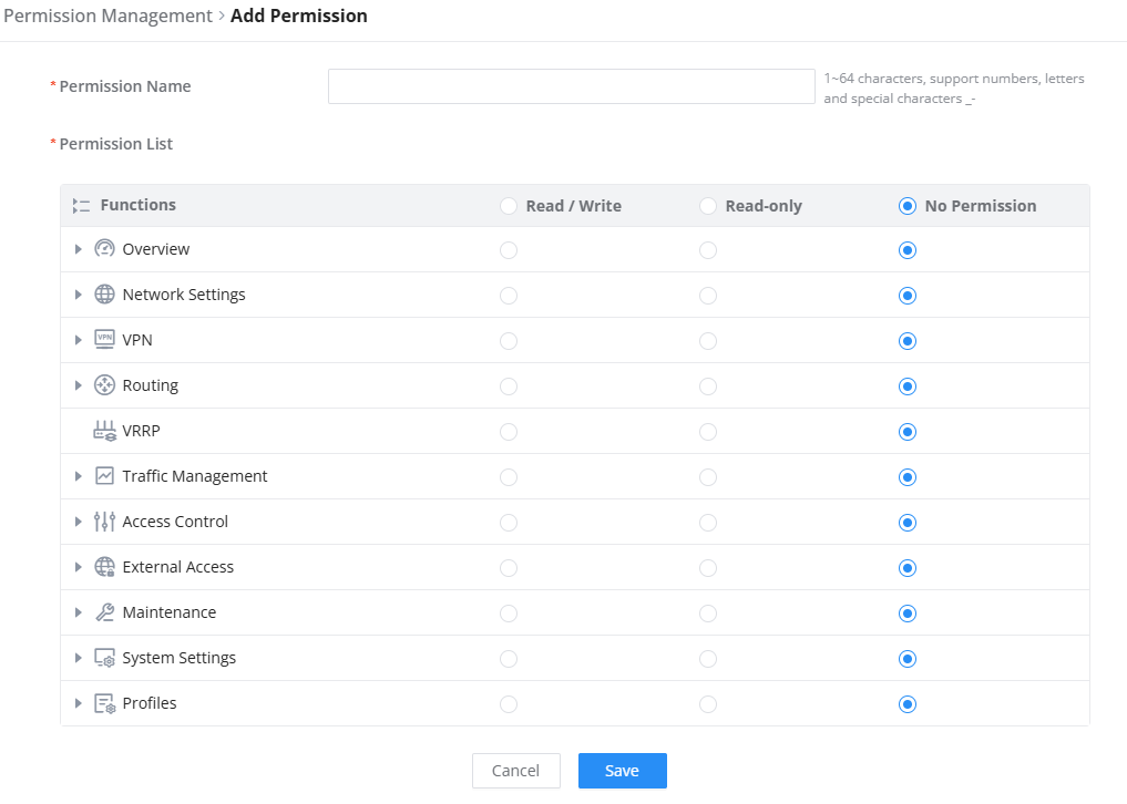 Add Permission - Documentation Center Page to add a permission: a list of functions (Overview, Network Settings, VPN, Routing, etc.) with access level options (Read/Write, Read-only, No Permission) and Save/Cancel buttons at the bottom.