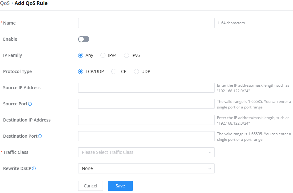 Add QoS Ruels - Documentation Center Form for adding a QoS rule with fields: Name, Enable toggle, IP Family (Any/IPv4/IPv6), Protocol Type (TCP/UDP/ TCP&UDP), Source IP, Source Port, Destination IP, Destination Port, Traffic Class, Rewrite DSCP, and Cancel/Save actions.