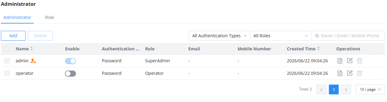 Administrator - Documentation Center Admin users page: two users listed—admin (enabled) and operator (disabled). Both use Password authentication; roles SuperAdmin and Operator. Created times shown; actions to edit or delete.
