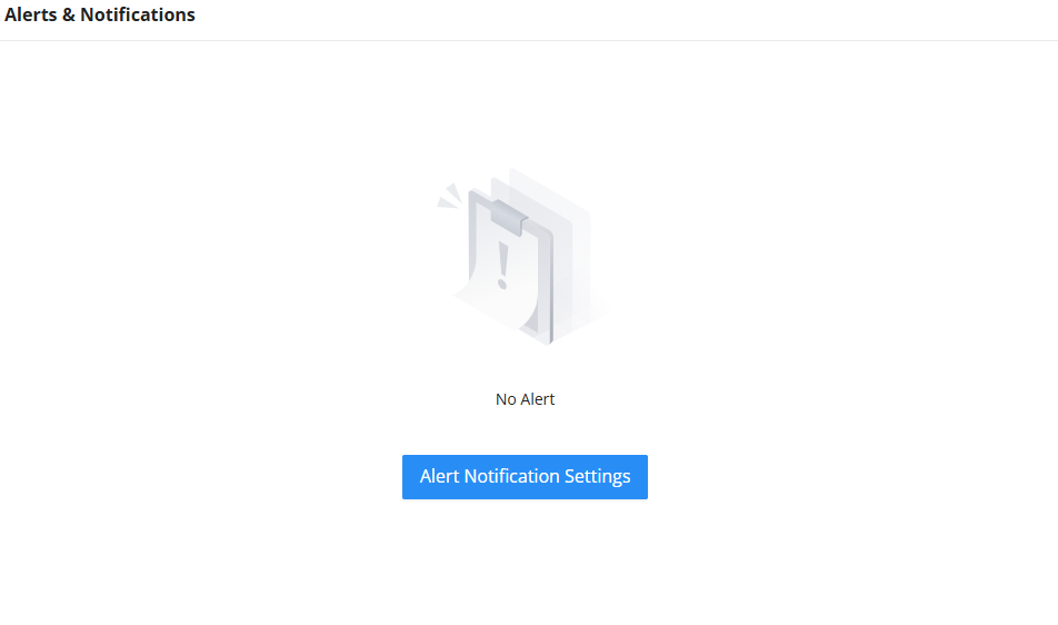 Alert Notification Settings - Documentation Center Center illustration shows a light-gray document with an exclamation mark and the caption No Alert; below is a blue button labeled Alert Notification Settings.
