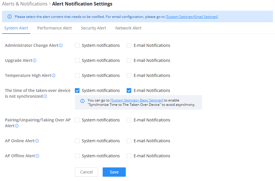 Alerts System Alerts - Documentation Center Alert Notification Settings: System tab with multiple alert options and a Save button.