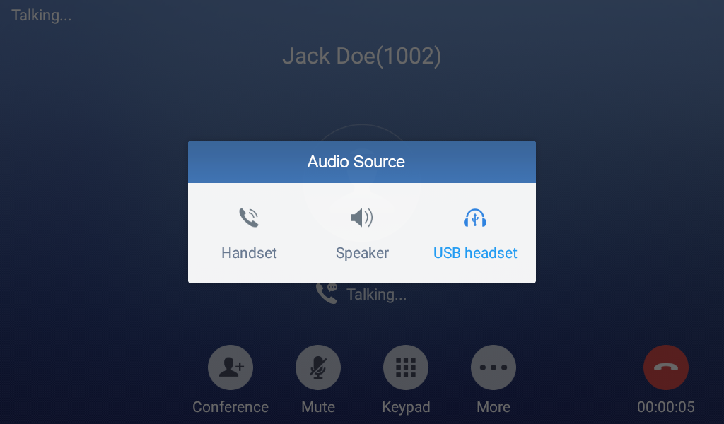 Modal titled 'Audio Source' with options: Handset, Speaker, USB headset (USB headset highlighted) for selecting audio input/output during call.