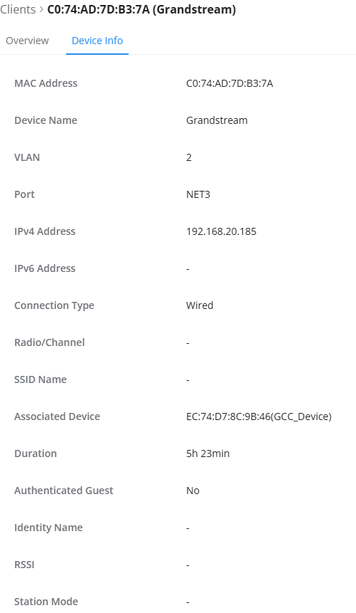 Device Info: Grandstream device with MAC C0:74:AD:7D:B3:7A, IP 192.168.20.185, VLAN 2, wired connection, 5h 23min duration