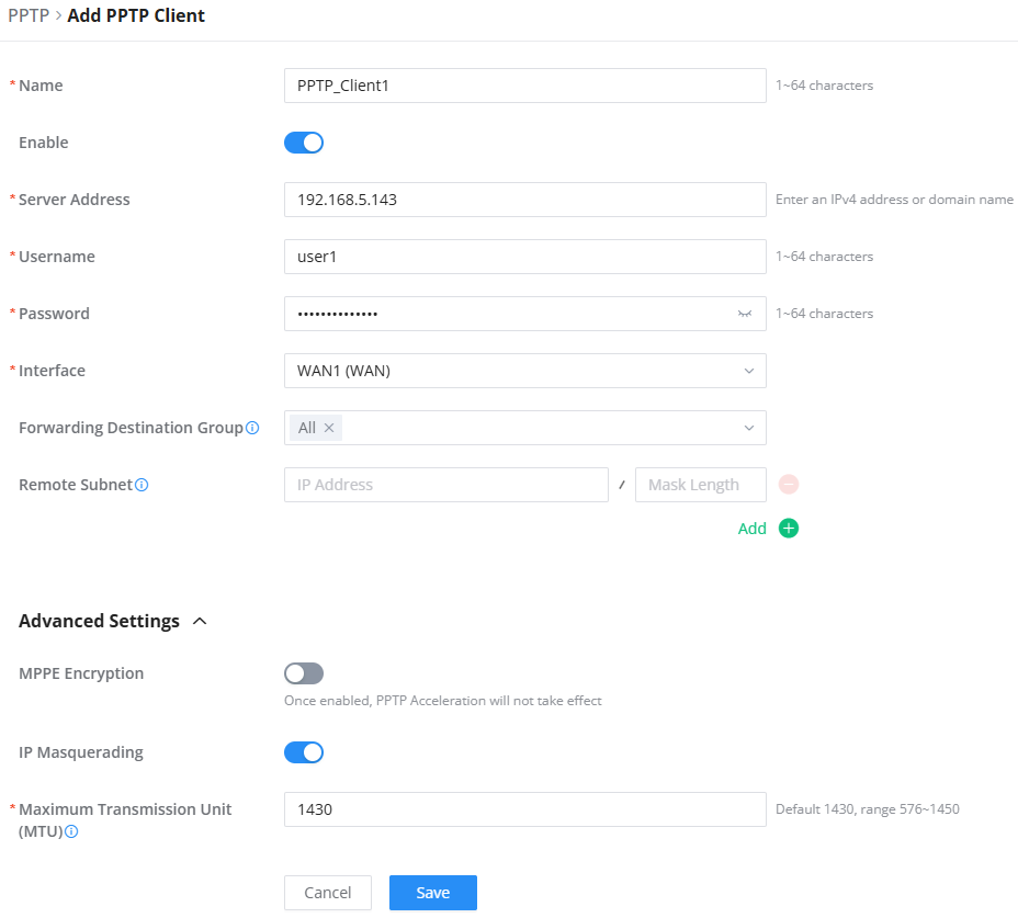Create PPTP Client - Documentation Center Form to add a PPTP client: name PPTP_Client1, enable switch on, server 192.168.5.143, username user1, password hidden, interface WAN1, with destination group and remote subnet fields available, Save and Cancel buttons at bottom.