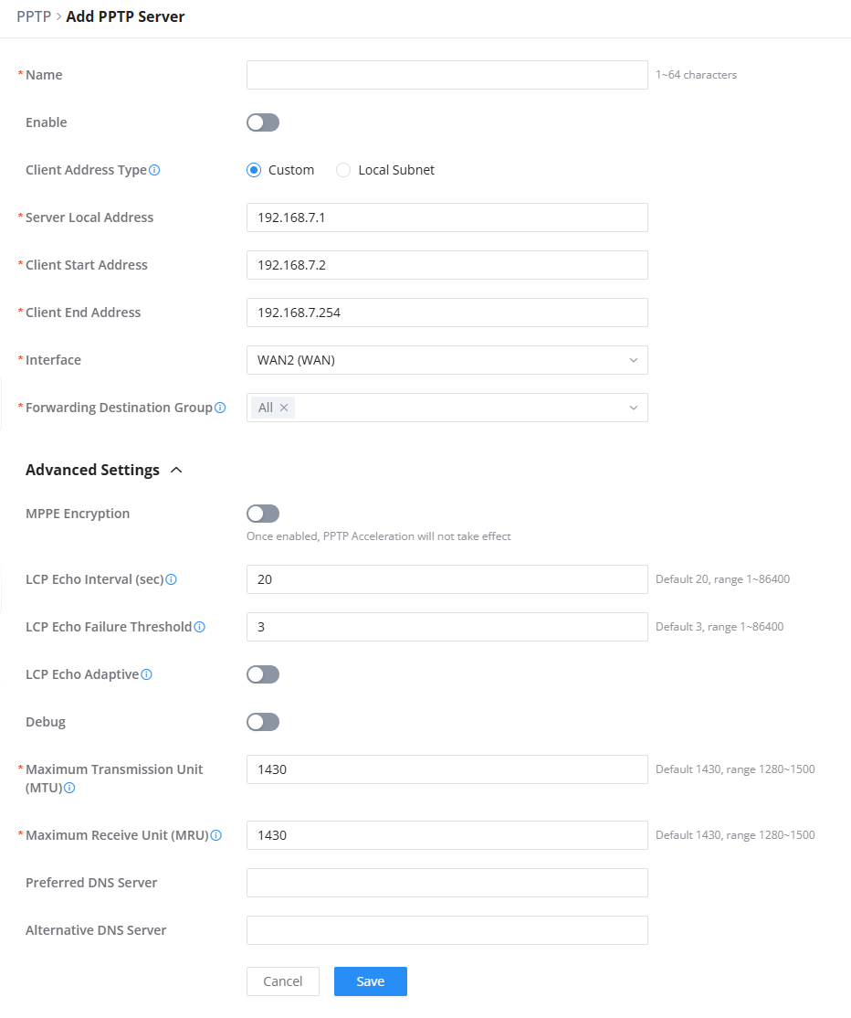Create PPTP Server - Documentation Center PPTP server creation form with fields for name, addresses, interface, and save button