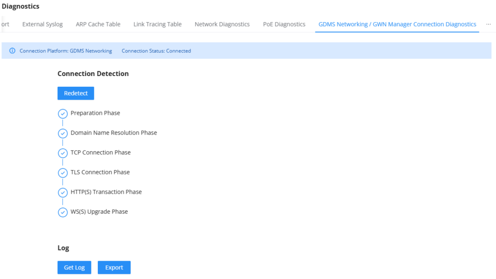 Diagnostics - Documentation Center Diagnostics page showing GDMS Networking connection diagnostics: a vertical list of phases (Preparation, Domain Name Resolution, TCP, TLS, HTTP(S), WS(S) Upgrade) with check marks and a blue Redetect button, plus a Log section with Get Log and Export buttons.