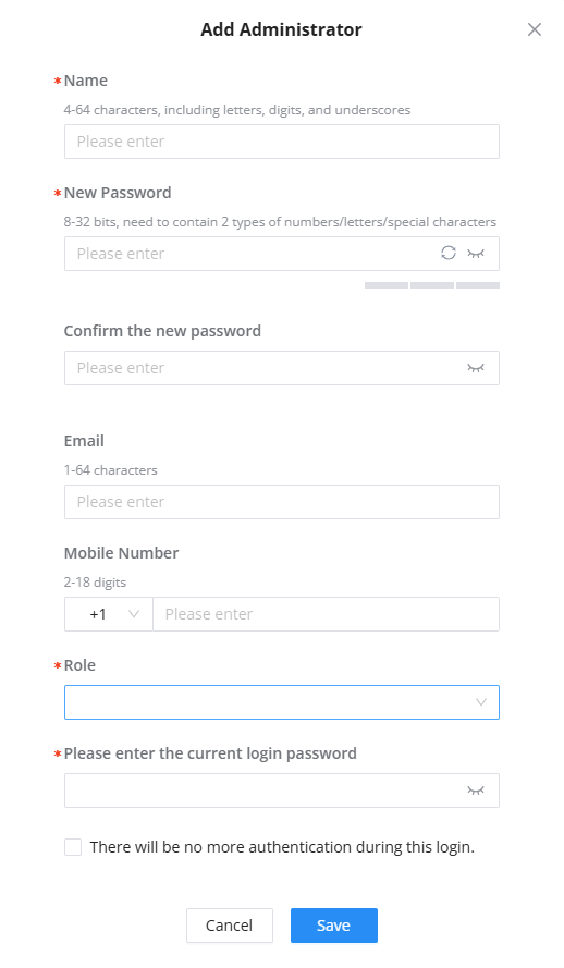 GCC Home Add Administrator - Documentation Center Modal titled Add Administrator with fields for Name, New Password, Confirm Password, Email, Mobile Number, Role, current login password, and actions Cancel and Save.