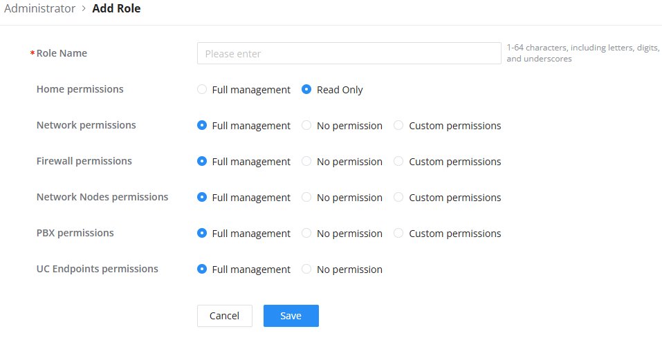 GCC Role Creation - Documentation Center Add Role form: input for Role Name with permission options for Home, Network, Firewall, Network Nodes, PBX, and UC Endpoints; each has Full management, Read Only, No permission, or Custom; Cancel and Save buttons at the bottom.