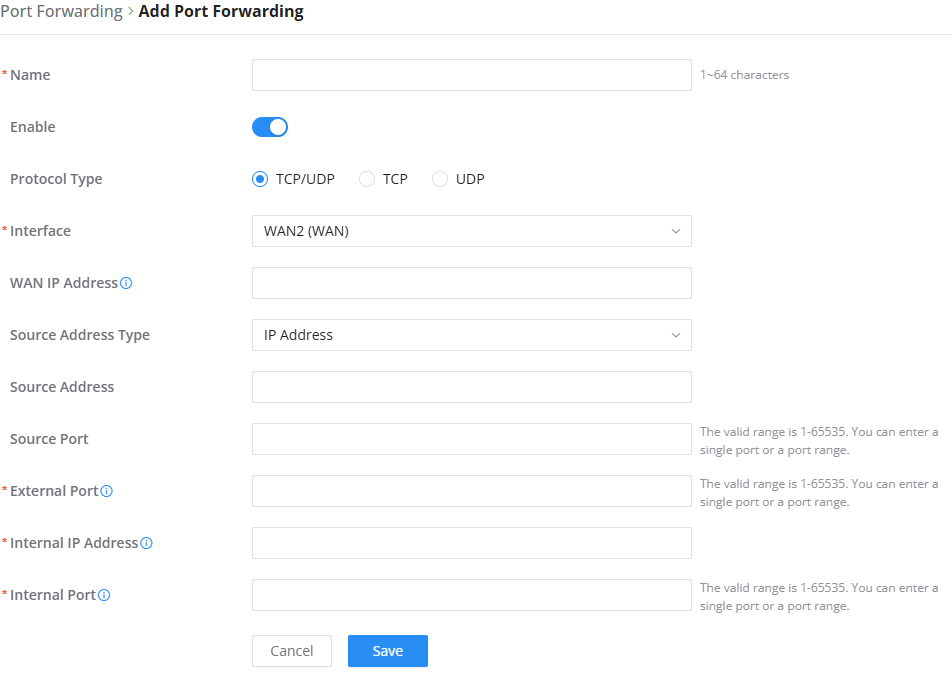GCC Router Port Forwarding - Documentation Center Port Forwarding form with Enable toggle, TCP/UDP selected, Interface WAN2, and fields for WAN IP, Source and Internal addresses/ports, plus Cancel and Save buttons.