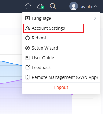 GWN700X Account Settings 2 - Documentation Center User profile dropdown showing options like Language, Account Settings (highlighted), Reboot, Setup Wizard, User Guide, Feedback, Remote Management, Logout.