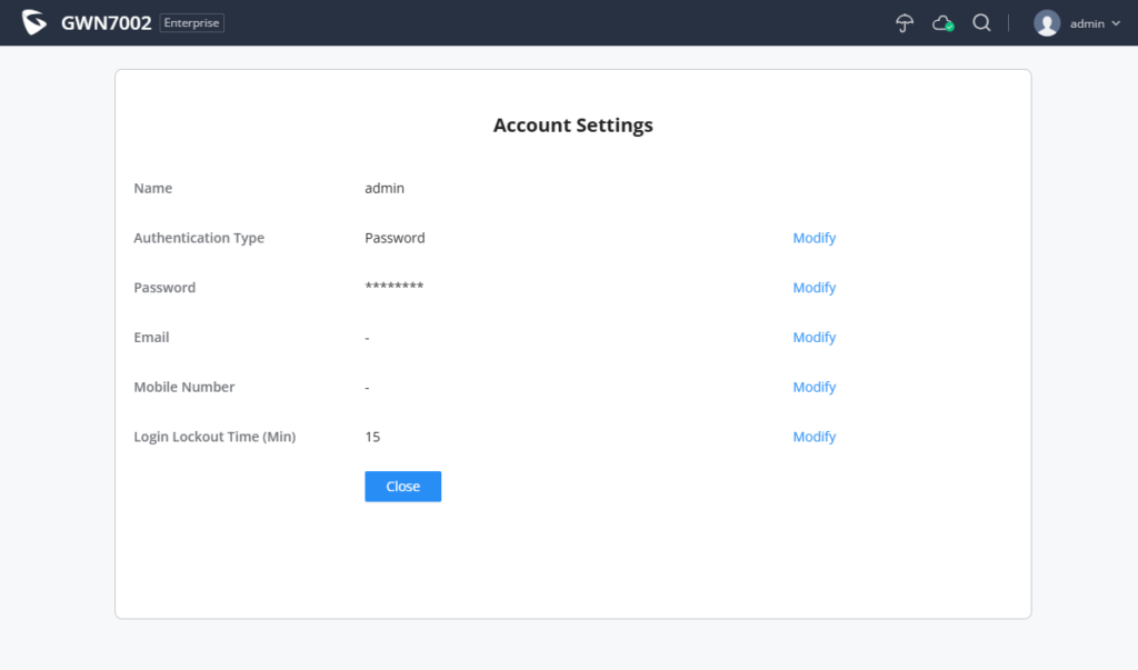 GWN700X Account Settings 3 - Documentation Center Account Settings panel showing Name: admin, Authentication Type: Password with Modify, Password masked, Email: -, Mobile Number: -, Login Lockout Time: 15, and a Close button.