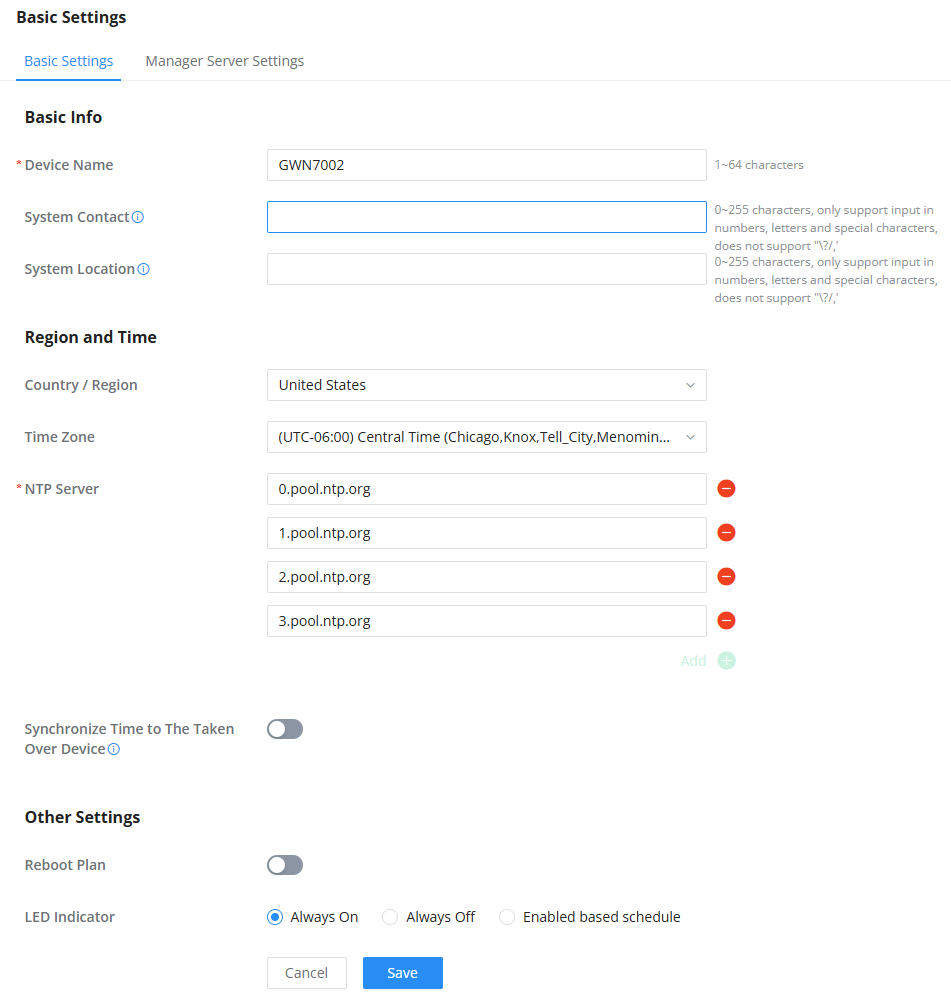 GWN700X System Settings Basic Settings - Documentation Center Settings screen for Basic Settings with fields for Device Name, System Contact, System Location, Region/Time, NTP servers, and LED indicator options.