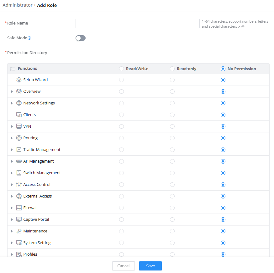 GWN700x_Role - Documentation Center UI for adding a new role: role name field, Safe Mode toggle, and a permission grid with per-function access options (Read/Write, Read-only, No Permission).