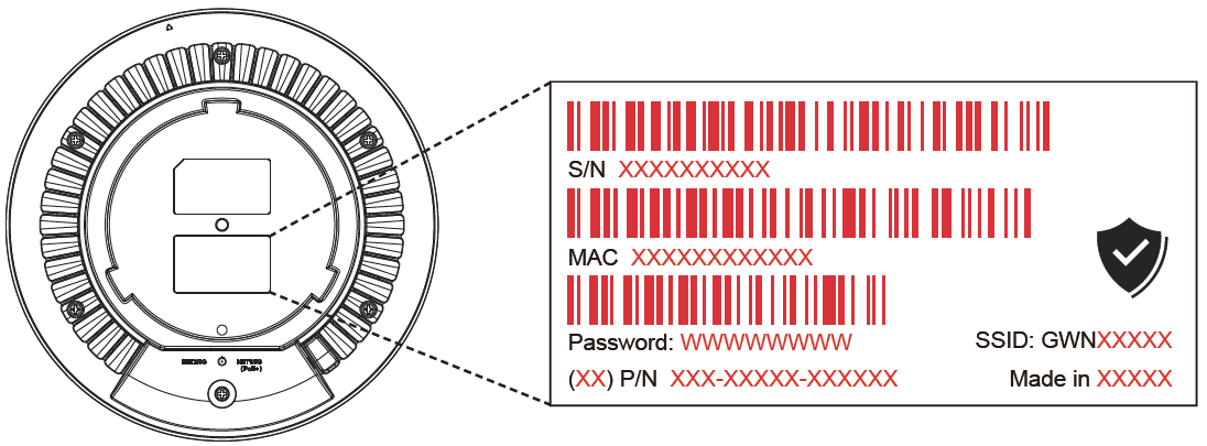 GWN7672 Back Sticker - Documentation Center Back view of a circular security device with a close-up label showing S/N, MAC, Password, P/N, SSID and Made in, with barcode blocks and shield icon on the label panel.