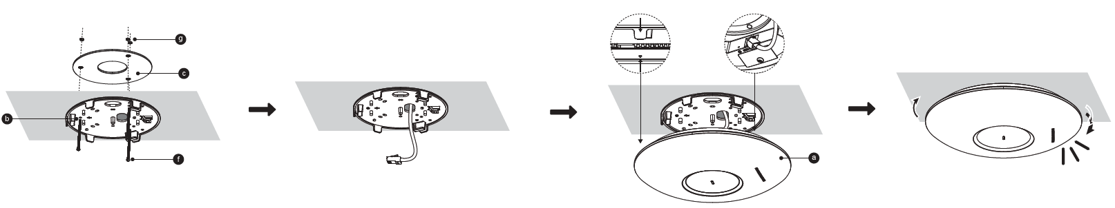 GWN7672 Ceiling Mounting - Documentation Center Exploded view of a ceiling light showing parts labeled a–g and how the base attaches to the ceiling (installation diagram). With exploded components and wiring harness visible, ready for assembly.
