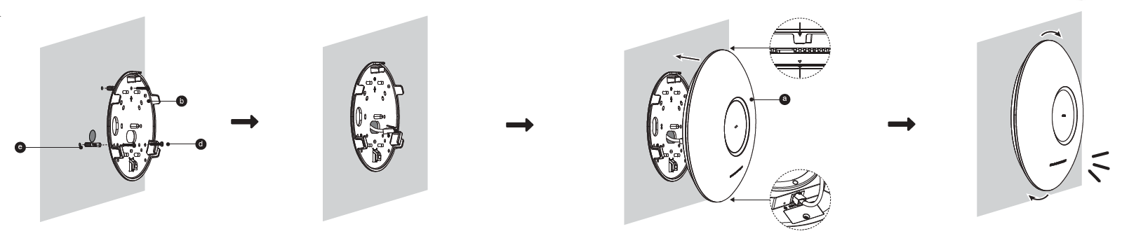 GWN7672 Wall Mounting - Documentation Center Four-step exploded view of installing a round wall-mounted device: base plate, inner module, outer housing, final cover with indicator light mounted on the wall.