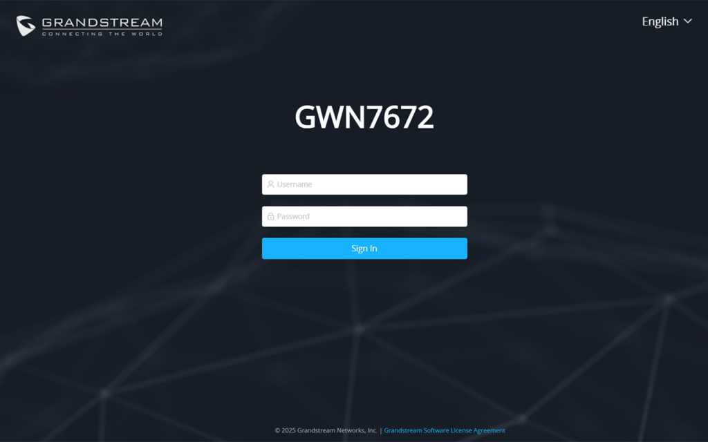 GWN7672 login page - Documentation Center Login screen for a GWN7672 device: large 'GWN7672' title, username and password fields, and a blue Sign In button on a dark geometric background with Grandstream logo at top-left and language option at top-right.