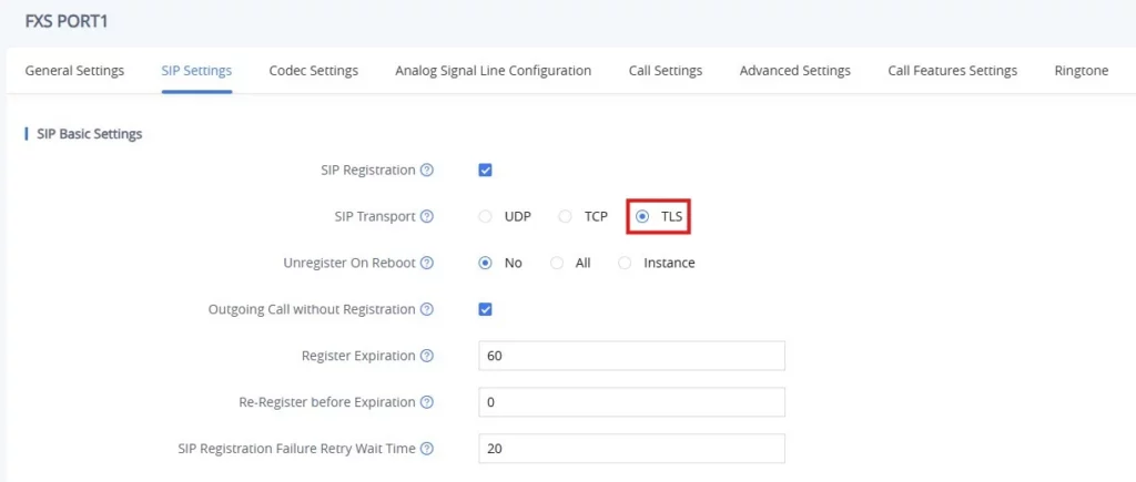 HT80x V2 Ethernet Capture 2 - Documentation Center SIP Basic Settings page with TLS selected for SIP Transport and related configuration fields for expiration and retry time (FXS PORT1).