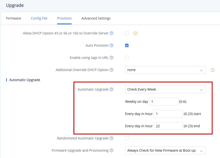 HT80x V2 Managing Automatic Upgrade - Documentation Center UI screenshot of firmware upgrade settings with Automatic Upgrade set to 'Check Every Week'; fields show weekly day, daily start and end hours in a highlighted box.