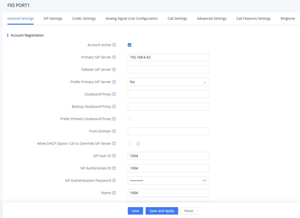 HT80x V2 Register a SIP Account 1 - Documentation Center UI screenshot of a web portal showing FXS PORT1 General Settings form with account registration fields and Save buttons at the bottom