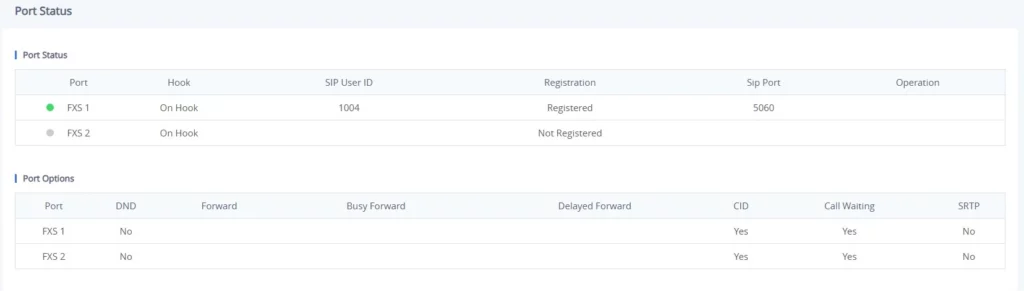 HT80x V2 Register a SIP Account 2 - Documentation Center Port status dashboard showing two lines: FXS 1 on hook (registered) and FXS 2 on hook (not registered) with SIP info and options Summary table style in a blue UI panel.