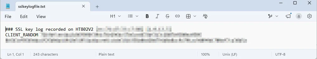 HT80x V2 Secret Key Information - Documentation Center Screenshot of a plain text editor showing a text file named sslkeylogfile.txt with lines starting '### SSL key log recorded' and a 'CLIENT_RANDOM' entry.