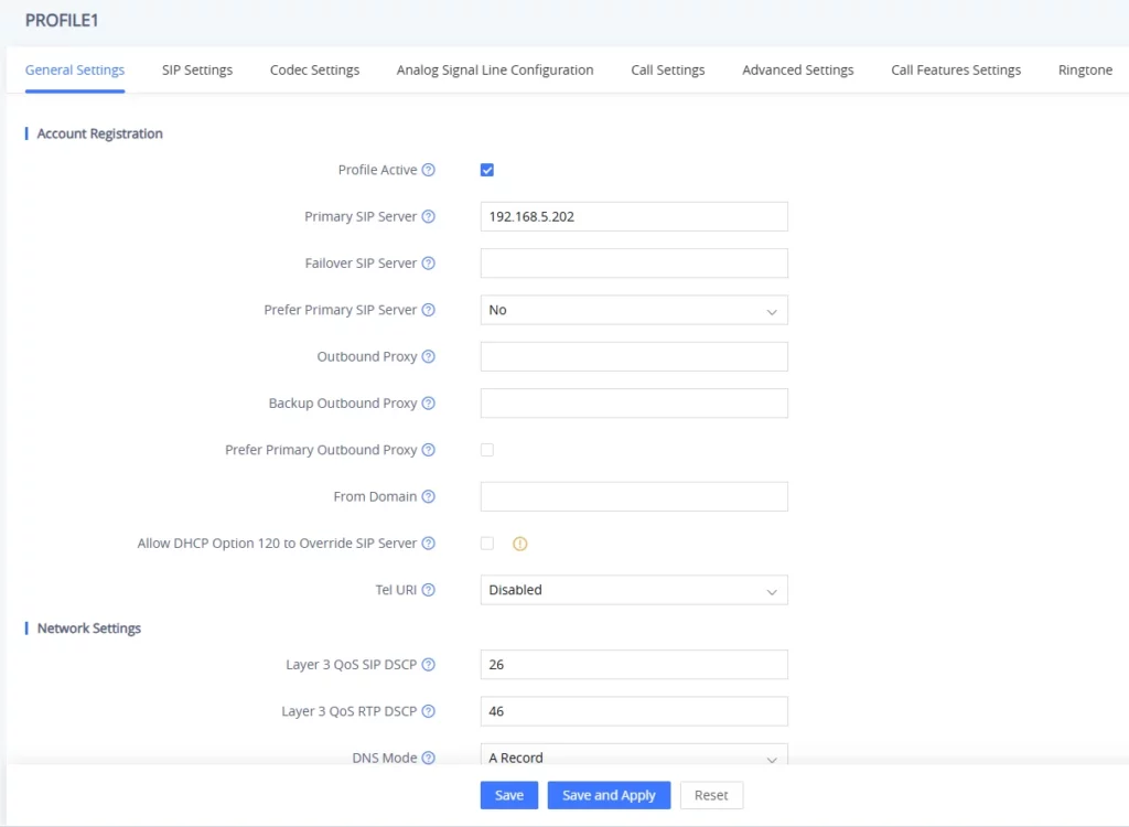 HT81x V2 Register a SIP Account 1 - Documentation Center SIP profile settings page showing Account Registration with Primary SIP Server 192.168.5.202 and Save options at bottom (tabs: General Settings active, SIP Settings, etc.).
