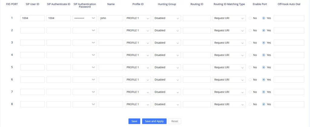 HT81x V2 Register a SIP Account 2 - Documentation Center SIP port configuration table with 8 rows: editable fields for FXS Port, SIP User ID, SIP Authenticate ID Password, Name, Profile, Hunt Group, Routing ID, and Enable Port; row 1 shows Port 1 with ID 1004, user John, Profile 1, routing via Request URI, Port enabled.