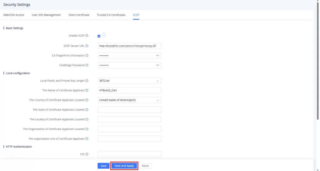 HT8xx V2 SCEP - Documentation Center Security Settings screen with SCEP tab open, showing fields for enabling SCEP, server URL, CA fingerprint, and challenge password, plus local configuration fields and the Save and Apply button highlighted at the bottom.