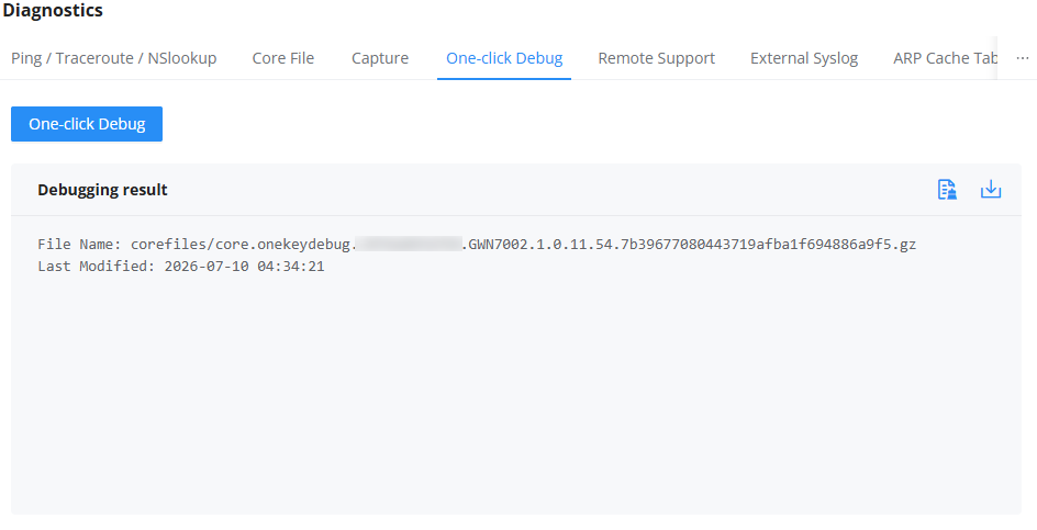 One-click Debug - Documentation Center Diagnostics page with One-click Debug tool; panel labeled 'Debugging result' shows a file name in corefiles and a Last Modified timestamp.