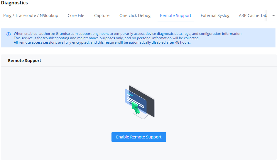 Remote Support GWN700X - Documentation Center Diagnostics page with a Remote Support section; an informational blue banner about enabling remote diagnostic access; central illustration of a monitor with a green arrow; a blue button labeled 'Enable Remote Support' beneath it.