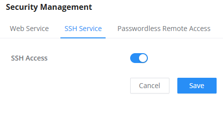 SSH Service GWN700X - Documentation Center Security Management screen with SSH Service tab active; SSH Access toggle ON and Cancel and Save buttons visible.