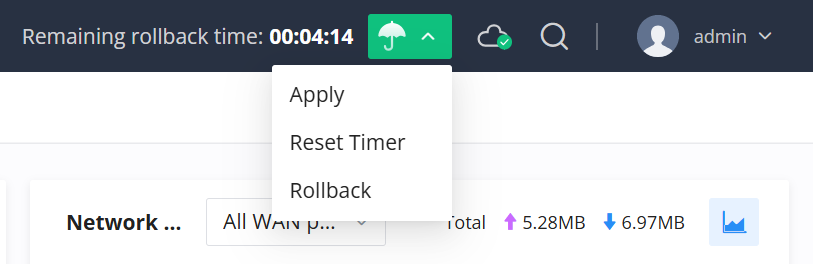 Safe Mode Actions - Documentation Center Dropdown menu with actions Apply, Reset Timer, and Rollback in an admin toolbar.