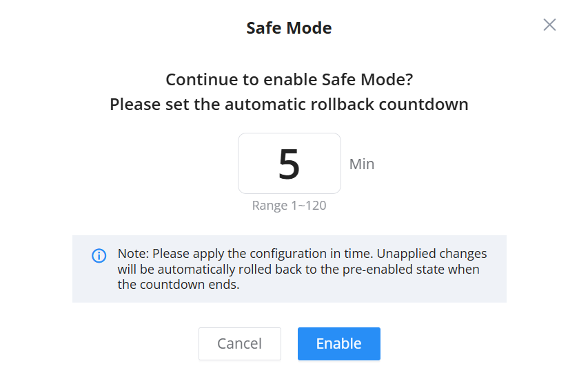 Safe Mode Timer Configuration - Documentation Center Modal titled Safe Mode prompting to enable Safe Mode with a 5-minute countdown and notice about automatic rollback; Cancel and Enable buttons shown.