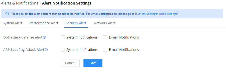 Security Alert - Documentation Center Security alert settings panel with DoS defense and ARP spoofing options, email or system notifications.