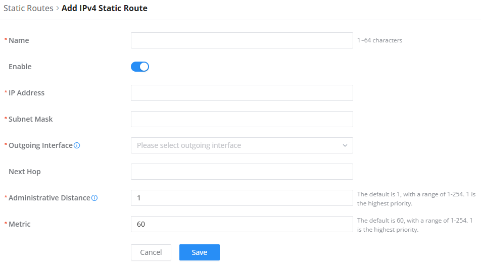 Static Route IPv4 - Documentation Center Form to add a new IPv4 static route with fields like name, IP address, subnet mask, next hop, and metrics (Save/Cancel). Use the enable toggle to activate the route.
