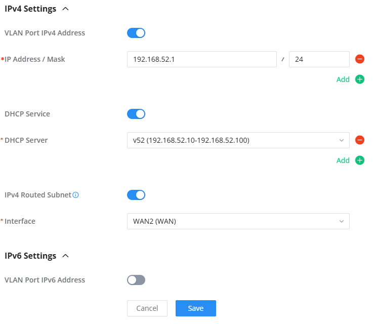 VLAN IPv4 Settings GWN700X - Documentation Center Screenshot of IPv4 Settings: VLAN, DHCP, and Interface options with switches on; IP 192.168.52.1/24; DHCP server v52 on WAN2; IPv4 route subnet and Save button visible