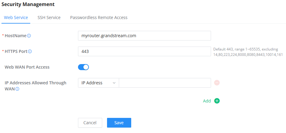 Web Service - Documentation Center Security Management form: Hostname myrouter.grandstream.com, HTTPS port 443, WAN access on, allow WAN IPs with add/remove option.