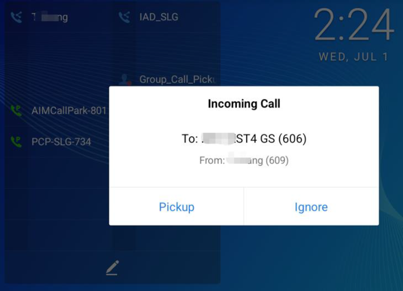 Smartphone screen displaying an incoming call prompt with Pickup and Ignore options.