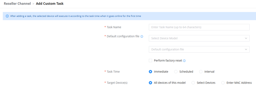 Form to add a custom task with fields for Task Name, Default configuration file, Task Time options (Immediate, Scheduled, Interval), and Target Device(s).