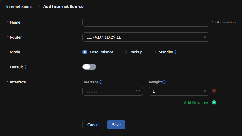 Form for adding an Internet Source with fields for name, router, mode, interface, weight, plus Save and Cancel buttons.