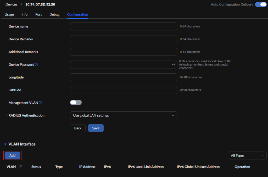 Dark configuration panel showing fields for device name, remarks, password, coordinates, and a blue Add button to add VLANs.