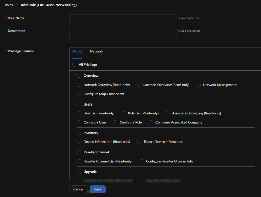 Add Role form in GDMS Networking: Role Name and Description fields; Privilege Content with Global/Network tabs and multiple checkboxes; Cancel and Save buttons.