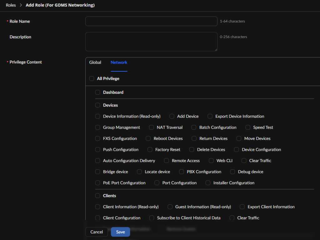 Screenshot of Add Role dialog with Role Name and Description fields and a Network privileges list of checkbox options under Global tab.