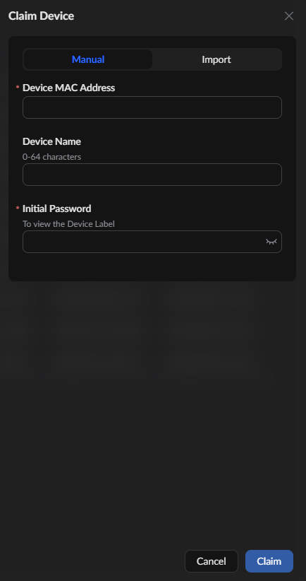 Claim Device dialog with Manual tab active, fields for MAC address, device name, initial password, and Cancel/Claim buttons.