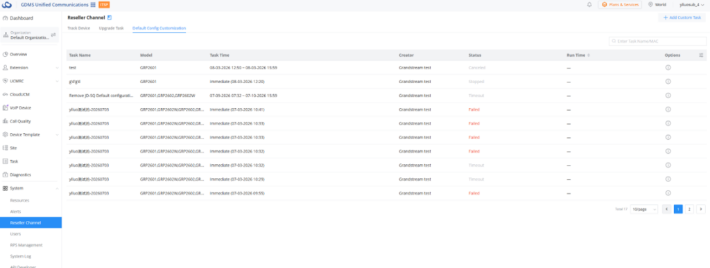 Dashboard showing the GDMS Reseller Channel with a task list: columns for Task Name, Model, Task Time, Creator, Status, Run Time, and Options; a left navigation pane with menu items.